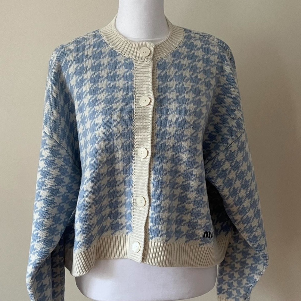 Miu Miu Blue and Cream Houndstooth Cardigan - VERY RARE